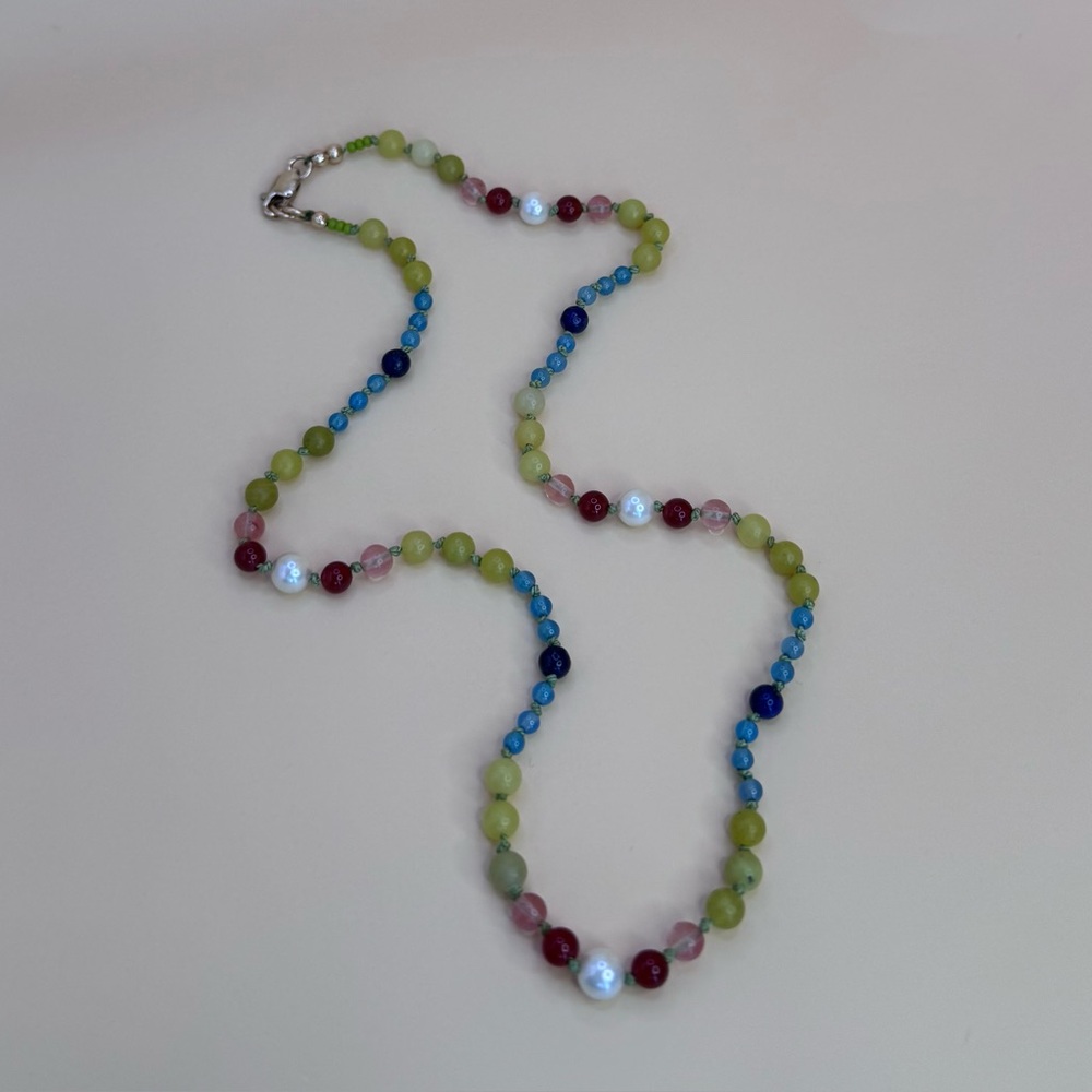 Handmade Jade Lapis Carnelian Quartz Agate & Vintage Pearl Necklace on Silk